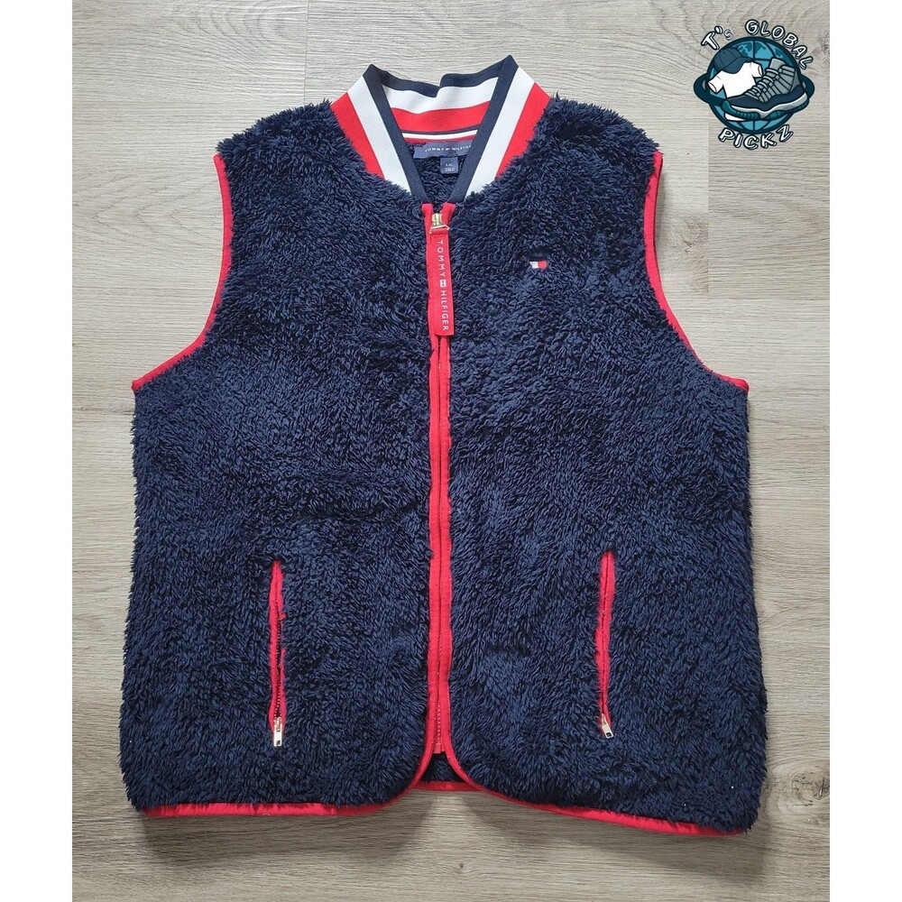Tommy Hilfiger Sherpa Fleece Vest Navy Red Full Zip Logo Womens size Large